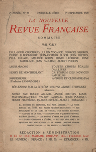Electronic book La Nouvelle Revue Française N' 84 (Septembre 1920)