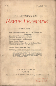 Libro electrónico La Nouvelle Revue Française N' 20 (Aoűt 1910)